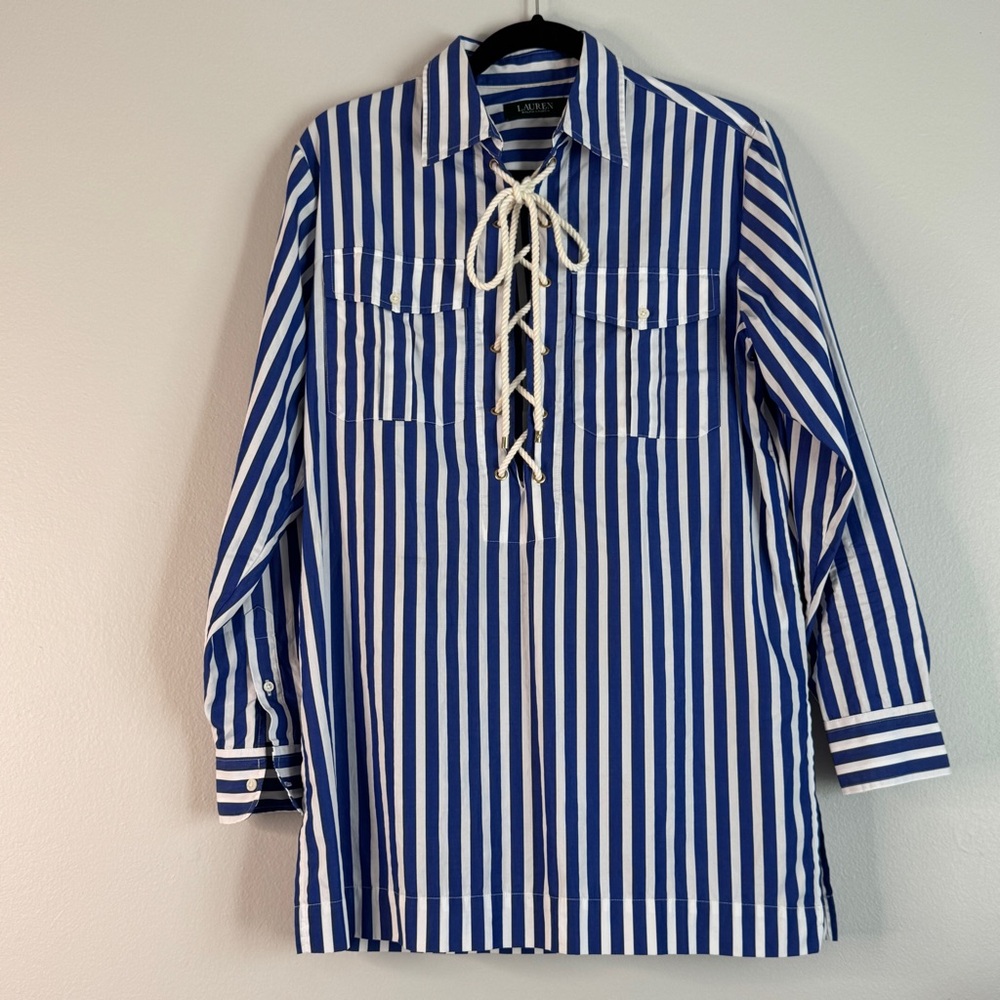 Ralph Lauren Blue White Tunic Striped Shirt Stripe Stripes Henley Pockets Cuffs - Picture 8 of 9